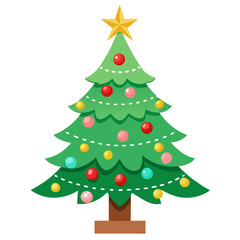 Vector illustration of festive cartoon christmas tree with colorful ornaments and a star on top