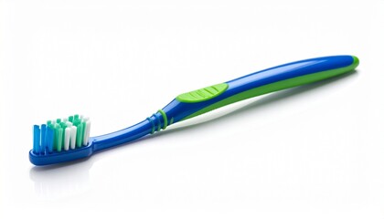 Toothbrush with blue and green handle featuring a rubber grip, angled slightly to the right, with multi-colored bristles in white, blue, and green, placed on a white background to highlight ergonomic 