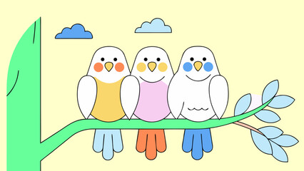 Cute lovebirds with colorful tails sitting happily on tree branch under clear sky