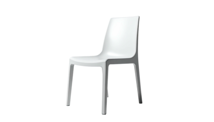 Sleek, minimalist, glossy white chair isolated on a stark black background