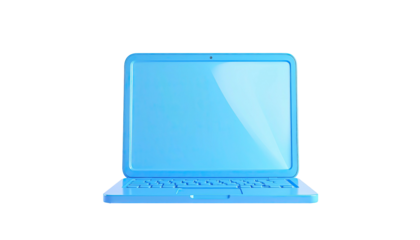 A light blue laptop, screen glowing, set against a stark black background