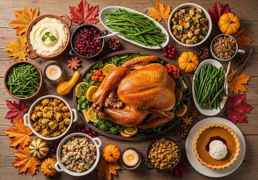 Photo of overhead shot of a festive thanksgiving dinner with a roasted turkey, mashed potatoes, green beans, cranberry sauce, stuffing, pumpkin pie, and autumn leaves