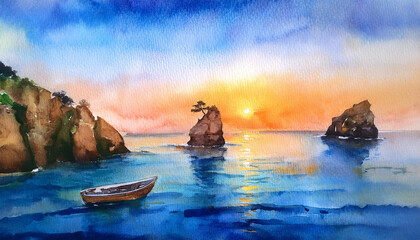 Watercolor seascape rocky coastline, glowing sunset on blue ocean, small wooden boat near shore