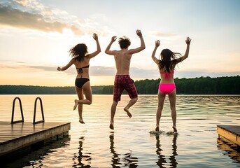 Three friends jumping into lake holding hands at sunset celebrating friendship summer travel and water leisure freedom