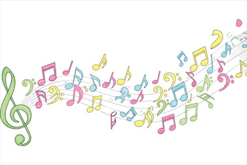 Vector art of colorful musical notes flowing from a treble clef, creating a vibrant and playful design perfect for music education materials, concert posters, and creative projects