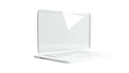 Isolated, glossy white laptop on a black background, angled slightly open