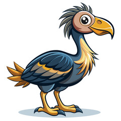 Obraz premium Vector illustration of stylized cartoon dodo bird with dark blue and yellow feathers, standing and looking to the side