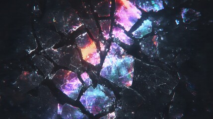 Cracked broken digital screen with neon glitch interference, abstract futuristic error display and technology concept background with cyberpunk style