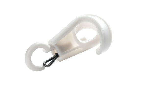 Close-up view of a white plastic clip with a rounded hook and a metallic fastener