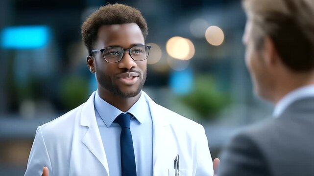 Professional Doctor Consults Coworker for Guidance in Staff Room