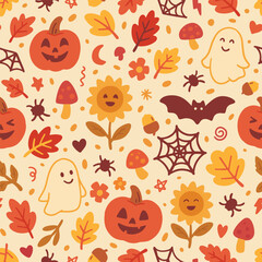Cute Halloween seamless pattern. Vector illustration flat design background. 