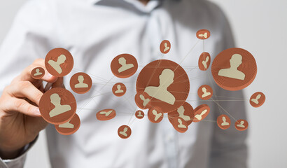 Abstract social network concept shown with a man interacting with a virtual web of connected people, emphasizing digital connection.