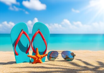 Flip flops sunglasses and starfish on tropical beach sand with turquoise ocean and blue sky symbol of summer vacation travel holiday leisure and relaxation