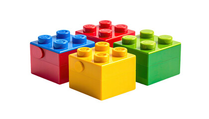 Four colorful plastic construction blocks arranged together on a black background