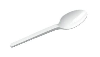 A realistic rendering of a white plastic spoon, angled on a black background