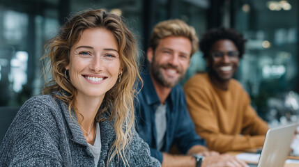 Obraz premium A group of cheerful young professionals smiling at the camera in a modern office environment.