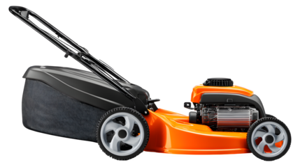 Orange lawn mower on white background isolated on transparent background