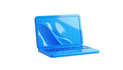 Blue, stylized laptop isolated against a black background; screen has a flowing design