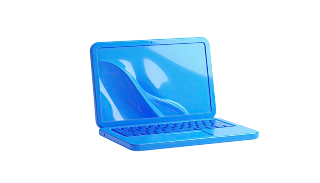 Blue, stylized laptop isolated against a black background; screen has a flowing design