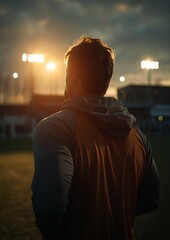 Fototapeta premium Man at stadium at sunset, looking away