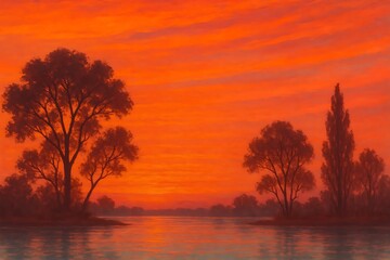 Fototapeta premium Sunset river landscape painting with silhouetted trees and glowing orange sky, serene nature art