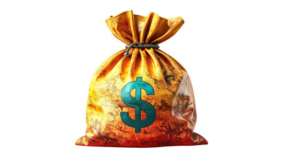 A gold coin bag with a teal dollar sign, knotted top, and dark background