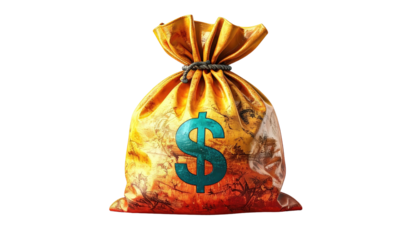 A gold coin bag with a teal dollar sign, knotted top, and dark background