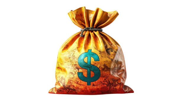 A gold coin bag with a teal dollar sign, knotted top, and dark background