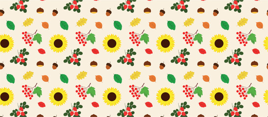 Autumn seamless pattern with natural elements. Autumn elements of nature sunflower, autumn leaves, rowan, acorn and others. Autumn background for Thanksgiving, Halloween, harvest holidays, etc. 