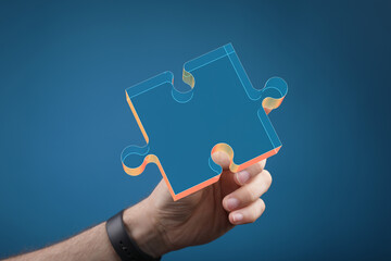 Conceptual image of a hand holding a single puzzle piece. Representing problem-solving, completion, and teamwork with a blue and orange puzzle a