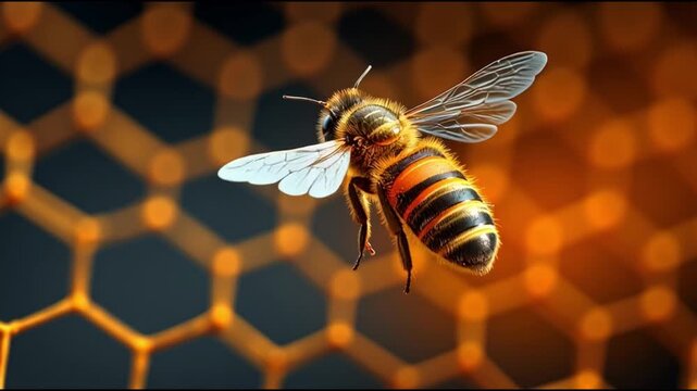 A honeybee is seen hovering near a hexagonal honeycomb structure. The honeycomb's warm colors glow as the bee works in a sunny outdoor setting, showcasing nature's beauty.