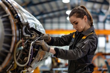 Female aircraft mechanic working on a jet engine transportation manufacturing architecture.
