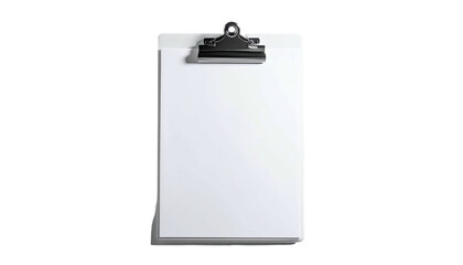 A blank, white paper sheet secured by a metal clip on a clipboard, isolated