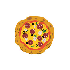 Italian pizza in flat modern design with black outlines. Pepperoni pizza top view in minimalistic style. Best for menu and delivery service. Vector illustration on white background.