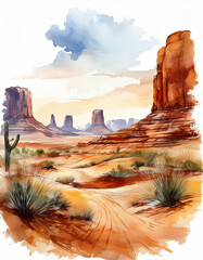 Majestic desert view, watercolor. Natural tones, sand and sky, minimalistic peaceful landscape.