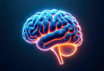 A brain shape made of glowing neural networks and gears, symbolizing artificial intelligence and human intelligence collaboration. Blue and orange light.
