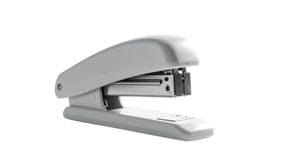 A light grey stapler, slightly angled, isolated against a black background