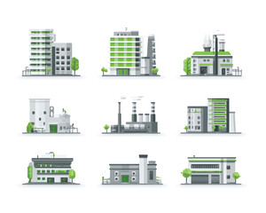 Obraz premium Diverse collection of modern industrial buildings and facilities showcasing innovative architecture and sustainable design practices for urban environments