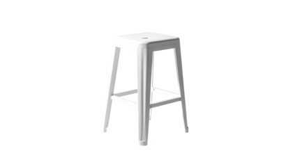 A tall, white, square-topped stool, isolated against a stark black background