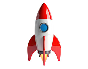 A red, white, and chrome retro rocket ship with a blue window, blasting off