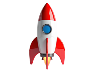 A red, white, and chrome retro rocket ship with a blue window, blasting off