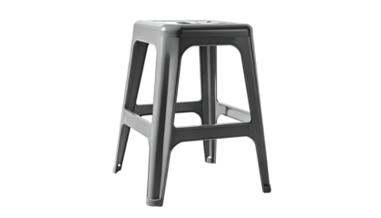 A plain, grey, plastic stool with a square seat, four legs, and cross supports