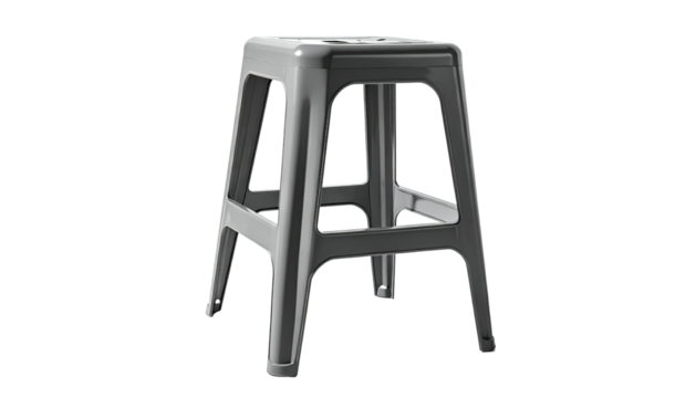 A plain, grey, plastic stool with a square seat, four legs, and cross supports