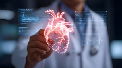 Doctor showing digital 3D hologram of human heart, futuristic medical technology innovation concept with cardiology and healthcare diagnostics