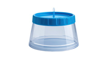 Clear plastic beaker-shaped labware with a blue cap and central opening