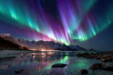 Aurora Borealis over snowy mountains and icy beach