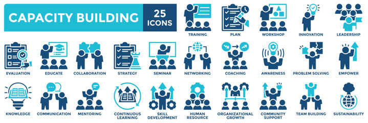 Capacity building icon collection set. Containing educate, seminar, networking, leadership, knowledge, strategy, plan icon. Simple flat vector illustration.