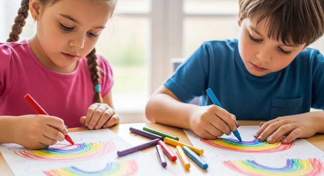 Kids drawing rainbow art project with markers crayons creative childhood fun educational activity at home