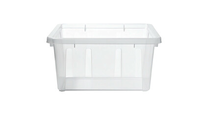 Clear plastic storage container, box-shaped, with reinforced sides, isolated on black