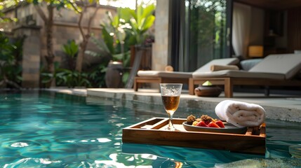 Poolside Relaxation with Drink and Fruit
